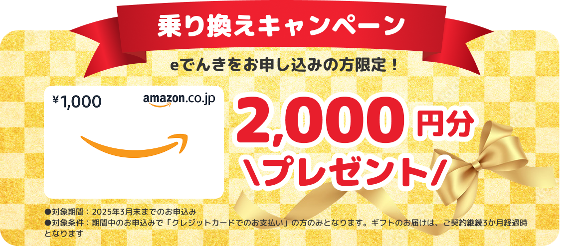 乗り換えキャンペーン eでんき切り替えのお申し込みの方限定！ 5,000円分プレゼント ●対象期間：2024年12月末まで ●対象条件：期間中のお申し込みで「クレジットカードでのお支払」の方のみとなります。